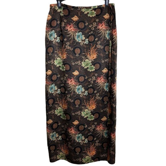 Muse 100% Silk Wrap Maxi Skirt Size 8 Asian Floral Print Brown Blue Peach Green - Picture 1 of 13